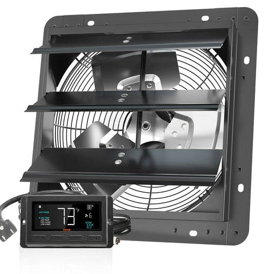 Shutter Exhaust Fan, 305 mm /12 inch with Temperature Humidity Controller, EC-motor, 904 CFM, Variable Speed Adjustable Wall Mount Attic Fan, Ventilation and Cooling for Greenhouses, Garages, Sheds