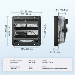 Shutter Exhaust Fan, 305 mm /12 inch with Temperature Humidity Controller, EC-motor, 904 CFM, Variable Speed Adjustable Wall Mount Attic Fan, Ventilation and Cooling for Greenhouses, Garages, Sheds