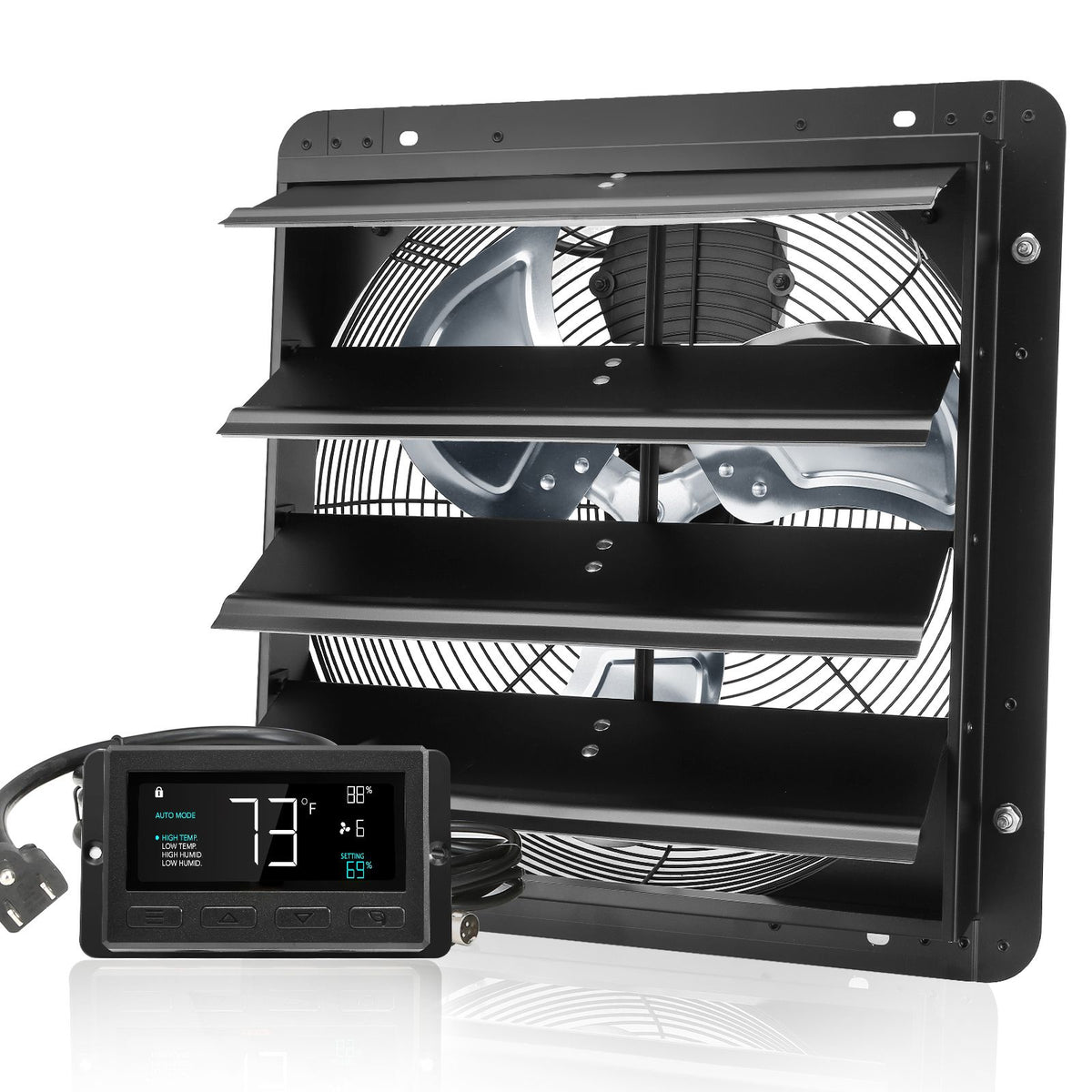 Shutter Exhaust Fan, 406 mm /16inch with Temperature Humidity Controller, EC-motor, 1747 CFM, Variable Speed Adjustable Wall Mount Attic Fan, Ventilation and Cooling for Greenhouses, Garages, Sheds