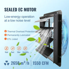 Shutter Exhaust Fan, 406 mm /16inch with Temperature Humidity Controller, EC-motor, 1747 CFM, Variable Speed Adjustable Wall Mount Attic Fan, Ventilation and Cooling for Greenhouses, Garages, Sheds