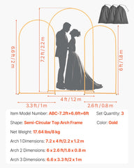 Arch Backdrop Stand, Set of 3, 2.2/2/1.8 m , Stable Structure, Easy Assembly, Gold Metal Arch Backdrop Stand for Wedding, Birthday Party, Graduation, Holiday Celebration, and Ceremony Decoration