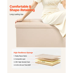 Foldable Storage Ottoman Bench, End of Bed Bench with Side Bags, Folding Upholstered Storage Chest Supports 660 lbs, Linen Bed Ottoman with Large Space for Living Room, Bedroom, Entryway, Beige
