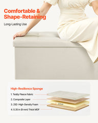 Foldable Storage Ottoman Bench, End of Bed Bench with Side Bags, Folding Upholstered Storage Chest Supports 660 lbs, Linen Bed Ottoman with Large Space for Living Room, Bedroom, Entryway, Beige