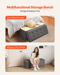 Foldable Storage Ottoman Bench, End of Bed Bench with Side Bags, Folding Upholstered Storage Chest Supports 660 lbs, Linen Bed Ottoman with Large Space for Living Room, Bedroom, Entryway, Grey