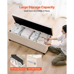 Storage Ottoman Bench, Button-Tufted End of Bed Bench with Side Bags, Flip-up Upholstered Storage Chest with Metal Frame, Linen Bed Ottoman for Living Room, Bedroom, Entryway, Office, Beige