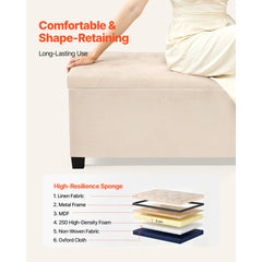 Storage Ottoman Bench, Button-Tufted End of Bed Bench with Side Bags, Flip-up Upholstered Storage Chest with Metal Frame, Linen Bed Ottoman for Living Room, Bedroom, Entryway, Office, Beige