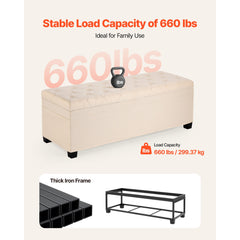 Storage Ottoman Bench, Button-Tufted End of Bed Bench with Side Bags, Flip-up Upholstered Storage Chest with Metal Frame, Linen Bed Ottoman for Living Room, Bedroom, Entryway, Office, Beige