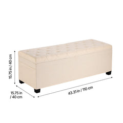 Storage Ottoman Bench, Button-Tufted End of Bed Bench with Side Bags, Flip-up Upholstered Storage Chest with Metal Frame, Linen Bed Ottoman for Living Room, Bedroom, Entryway, Office, Beige