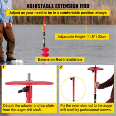 VEVOR Ice Drill Auger, 8\" Diameter Nylon Ice Auger, 39\" Length Ice Auger Bit,Auger Drill with 11.8\" Extension Rod,Auger Bit with Drill Adapter,Top Plate & Blade Guard for Ice Fishing Ice Burrowing