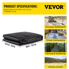 Geotextile Fabric, 3.8 x 15.2 m 3.5oz Woven PP Driveway Drain Cloth with 600lbs Tensile Strength, Heavy Duty Underlayment for Soil Stabilization, Landscaping, Weed Barrier,