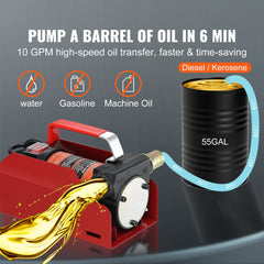 Fuel Transfer Pump, 12V DC, 10 GPM, 8 m Lift, Portable Electric Diesel Transfer Extractor Pump Kit with Automatic Shut-off Nozzle, Delivery & Suction Hose for Diesel, Kerosene, Transformer Oil