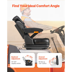 Universal Forklift Seat, Tractor Suspension Seat with Adjustable Back, Armrest, Headrest & Safety Belt, Secure Fold Down Tractor Seat with Micro Switch, Lawnmower Seat for Skid Loader Bulldozer