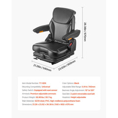 Universal Forklift Seat, Tractor Suspension Seat with Adjustable Back, Armrest, Headrest & Safety Belt, Secure Fold Down Tractor Seat with Micro Switch, Lawnmower Seat for Skid Loader Bulldozer