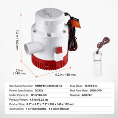 Bilge Pump, 3000GPH Automatic Submersible Boat Bilge Water Pump with Float Switch, 40 mm Outlet Diameter, Small Boat Bilge Pump, Marine Electric Bilge Pump for Boats, Ponds, Pools, Basements