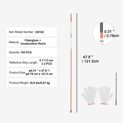 Driveway Markers, 100PCS 121.5cm, 0.78cm Diameter, Orange Fiberglass Poles Snow Stakes with Reflective Tape, 30cm Steel Drill Bit & Protection Gloves for Parking Lots, Walkways Easy Visibility