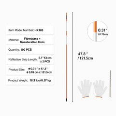Driveway Markers, 100PCS 121.5cm, 0.78cm Diameter, Orange Fiberglass Poles Snow Stakes with Reflective Tape, 30cm Steel Drill Bit & Protection Gloves for Parking Lots, Walkways Easy Visibility
