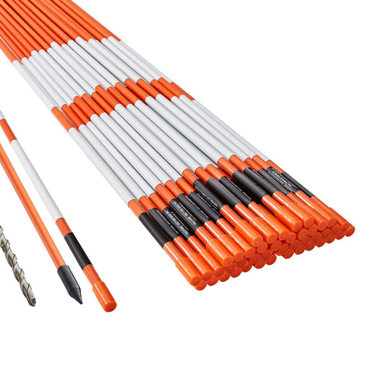 Driveway Markers, 50 PCS 121.5 cm, 0.78 cm Diameter Orange Fiberglass Poles Snow Stakes with Reflective Tape, 30 cm Steel Drill Bit & Protection Gloves for Parking Lots, Walkways Easy Visibility
