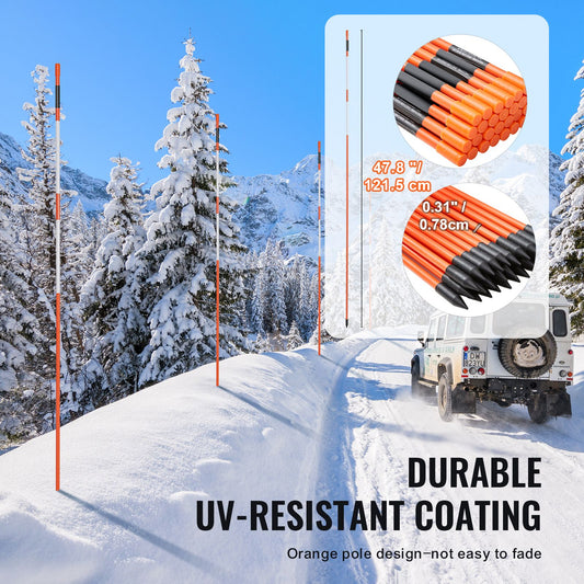Driveway Markers, 50 PCS 121.5 cm, 0.78 cm Diameter Orange Fiberglass Poles Snow Stakes with Reflective Tape, 30 cm Steel Drill Bit & Protection Gloves for Parking Lots, Walkways Easy Visibility