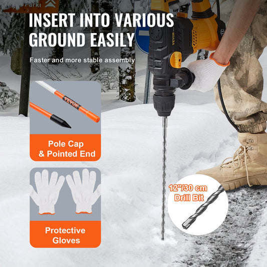 Driveway Markers, 50 PCS 121.5 cm, 0.78 cm Diameter Orange Fiberglass Poles Snow Stakes with Reflective Tape, 30 cm Steel Drill Bit & Protection Gloves for Parking Lots, Walkways Easy Visibility
