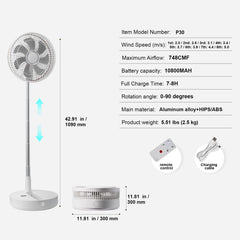 12 Inch Foldable Oscillating Standing Fan with Remote Control, 4 Speed Adjustable Portable Desk Quiet Fan, 7200mah Rechargeable USB Small Fan, Folded Rotating Floor Fan for Bedroom Office Travel