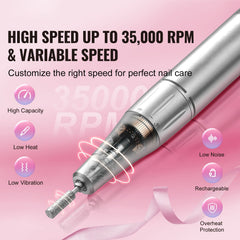 Electric Rechargeable Nail Drill, 35,000RPM Portable Cordless Nail E File Machine, LCD-Display Acrylic Gel Grinder Tool with 6 Bits and 50PCS Sanding Bands for Manicure Pedicure Carve Polish