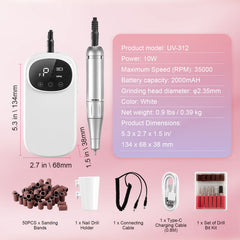 Electric Rechargeable Nail Drill, 35,000RPM Portable Cordless Nail E File Machine, LCD-Display Acrylic Gel Grinder Tool with 6 Bits and 50PCS Sanding Bands for Manicure Pedicure Carve Polish