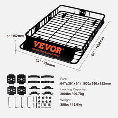 Roof Rack Cargo Basket 200 LBS Capacity Extension 64"x39"x6" for SUV Truck