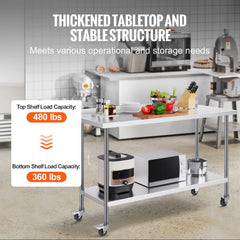 24 x 60 x 40 Inch Stainless Steel Work Table, Commercial Food Prep Worktable with Casters, Heavy Duty Prep Worktable, Metal Work Table with Adjustable Height for Restaurant, Home and Hotel