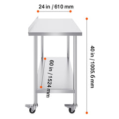 24 x 60 x 40 Inch Stainless Steel Work Table, Commercial Food Prep Worktable with Casters, Heavy Duty Prep Worktable, Metal Work Table with Adjustable Height for Restaurant, Home and Hotel