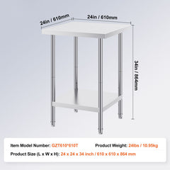 Stainless Steel Prep Table, 24 x 24 x 34 Inch, Heavy Duty Metal Worktable with 3 Adjustable Height Levels, Commercial Workstation for Kitchen Garage Restaurant Backyard