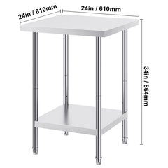 Stainless Steel Prep Table, 24 x 24 x 34 Inch, Heavy Duty Metal Worktable with 3 Adjustable Height Levels, Commercial Workstation for Kitchen Garage Restaurant Backyard
