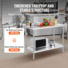 24 x 48 x 36 Inch Stainless Steel Work Table, Commercial Food Prep Worktable Heavy Duty Prep Worktable, Metal Work Table with Adjustable Height for Restaurant, Home and Hotel