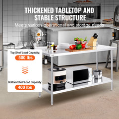 24 x 60 x 36 Inch Stainless Steel Work Table, Commercial Food Prep Worktable Heavy Duty Prep Worktable, Metal Work Table with Adjustable Height for Restaurant, Home and Hotel