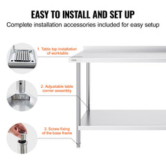 24 x 60 x 36 Inch Stainless Steel Work Table, Commercial Food Prep Worktable Heavy Duty Prep Worktable, Metal Work Table with Adjustable Height for Restaurant, Home and Hotel