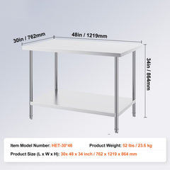 Stainless Steel Prep Table, 30 x 48 x 34 Inch, Heavy Duty Metal Worktable with 3 Adjustable Height Levels, Commercial Workstation for Kitchen Garage Restaurant Backyard