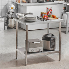 Stainless Steel Prep Table, 24 x 36 x 34 Inch, Heavy Duty Metal Worktable with 3 Adjustable Height Levels, Commercial Workstation for Kitchen Garage Restaurant Backyard