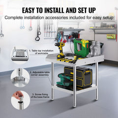 Stainless Steel Work Table, 24 x 24 x 26 Inch Commercial Food Prep Worktable, 3-Sided Backsplash Heavy Duty Prep Worktable, Metal Work Table with Adjustable Height for Restaurant Home Hotel