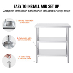 Stainless Steel Food Prep Table, 18 x 36 x 34 Inch Commercial Kitchen Worktable, with 2 Adjustable Undershelf, Heavy Duty Prep Table Metal Work Table for BBQ, Kitchen, Home, and Garage