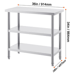 Stainless Steel Food Prep Table, 18 x 36 x 34 Inch Commercial Kitchen Worktable, with 2 Adjustable Undershelf, Heavy Duty Prep Table Metal Work Table for BBQ, Kitchen, Home, and Garage