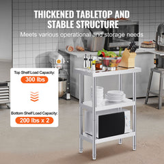 Stainless Steel Food Prep Table, 14 x 24 x 34 Inch Commercial Kitchen Worktable, with 2 Adjustable Undershelf, Heavy Duty Prep Table Metal Work Table for BBQ, Kitchen, Home, and Garage