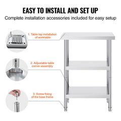 Stainless Steel Food Prep Table, 14 x 24 x 34 Inch Commercial Kitchen Worktable, with 2 Adjustable Undershelf, Heavy Duty Prep Table Metal Work Table for BBQ, Kitchen, Home, and Garage