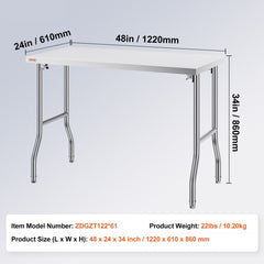 Stainless Steel Kitchen Bench Folding Commercial Prep Table 1220x610 mm