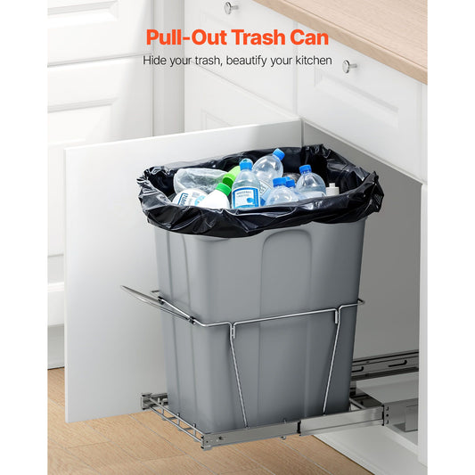 Pullout Trash Can for Kitchen Cabinets, Garbage Waste Recycling Bin, Under Mount Waste Container, with Heavy Duty Metal Full Extension Sliding System and Handle, for Sink, Under Counter