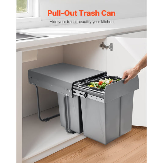 Pullout Trash Can for Kitchen Cabinets, 20+10+10L Double Under Sink Garbage Waste Recycling Bin, Under Mount Waste Container, with Heavy Duty Metal Full Extension Sliding System and Handle