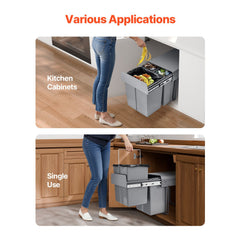 Pullout Trash Can for Kitchen Cabinets, 20+10+10L Double Under Sink Garbage Waste Recycling Bin, Under Mount Waste Container, with Heavy Duty Metal Full Extension Sliding System and Handle