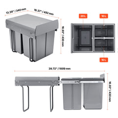 Pullout Trash Can for Kitchen Cabinets, 20+10+10L Double Under Sink Garbage Waste Recycling Bin, Under Mount Waste Container, with Heavy Duty Metal Full Extension Sliding System and Handle