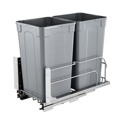 Pull-Out Trash Can, 27 QT x2 Double Under Mount Kitchen Waste Container, Heavy Duty Garbage Recycling Bin with Door Kit and Soft Close Slide, for Kitchen Cabinet, Sink, Under Counter (Grey)