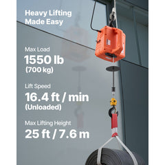 3-in-1 Electric Hoist Winch, 700 kg Capacity, 1500W Portable Power Winch Crane, 7.6 m Lifting Height, 5 m/min with Manual, Wired and Wireless Remote Control for Factory, Warehouss, Garage