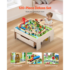Train Table 100 PCS Wooden Kids Activity Table with Rolling Storage Drawer