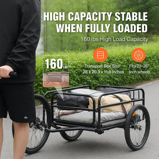 Bike Cargo Trailer, 72.5 kg Load, Heavy-Duty Bicycle Wagon Cart, Foldable Compact Storage & Quick Release with Universal Hitch, 406.4 mm Wheels, Safe Reflectors, Fits 558.8-711.2 mm Bike Wheels